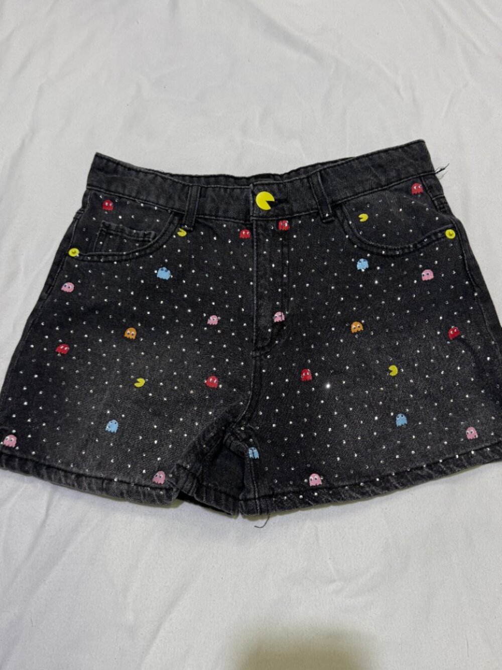 Justice Girls Black Pac-Man Rhinestone Denim Mini Mom Shorts 14